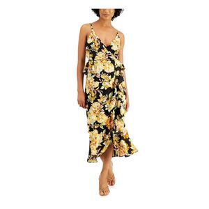 BARDOT Womens Black Hi-lo Hem Spaghetti Strap Midi Party Faux Wrap Dress S\6